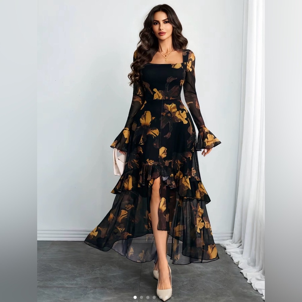 Women’s ruffle milkmaid dress - yellow floral on black